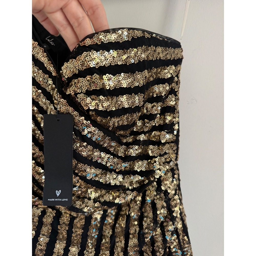 Lulus Gold Black Sequin One Shoulder Midi Dress Stripe Long Sleeve M NEW - Picture 9 of 16